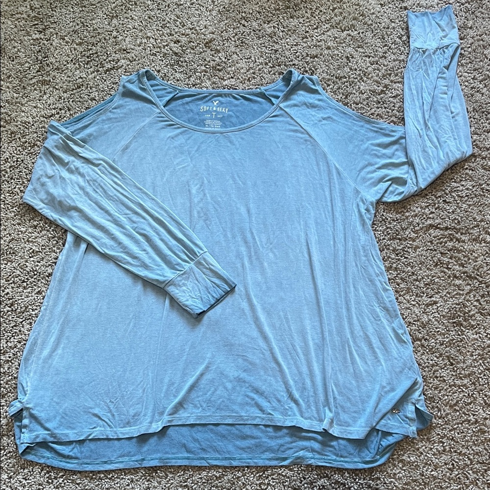 Blue Soft & Sexy Top American Eagle open Shoulder Long Sleeve